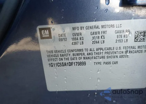 2013 Chevrolet Malibu 1Lt z USA, uszkodzony, nr VIN 1G11C5SA1DF179899